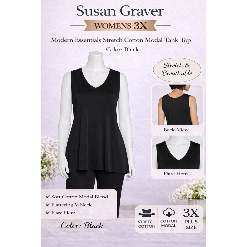 Susan Graver Modern Essentials Black Cotton Modal Tank Top Womens 3X A294845/81‎
